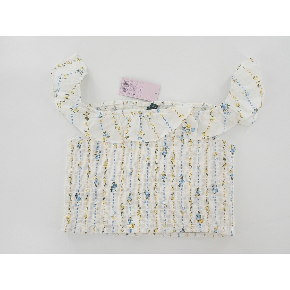Wild Fable Crop‎ Top Smocked Ruffle Floral Print Womens Size Medium White Blue